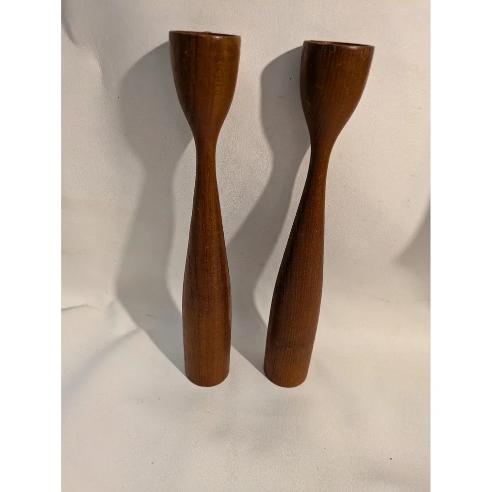 Vintage MCM 2 Teak Wood Tulip Candlestick Candle Holders Denmark 11.5 Inches